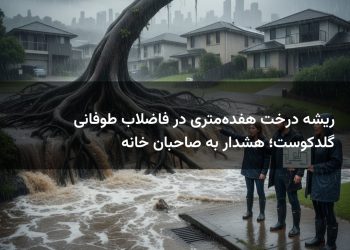 ریشه درخت هفده‌متری در فاضلاب طوفانی گلدکوست؛ هشدار به صاحبان خانه